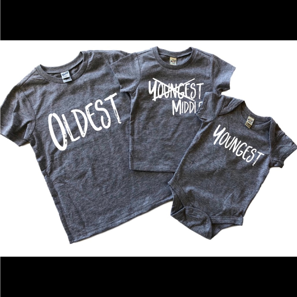 3rd Sibling Pregnancy Announcement. Grey, Adult M, adult SM, NB onesie.